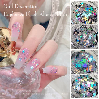 Nail Art สติ๊กเกอร์ติดเล็บเลื่อมตกแต่ง Star Love Heart ผีเสื้อเลเซอร์เงินเงาชนิดบรรจุกล่อง KOUDAN