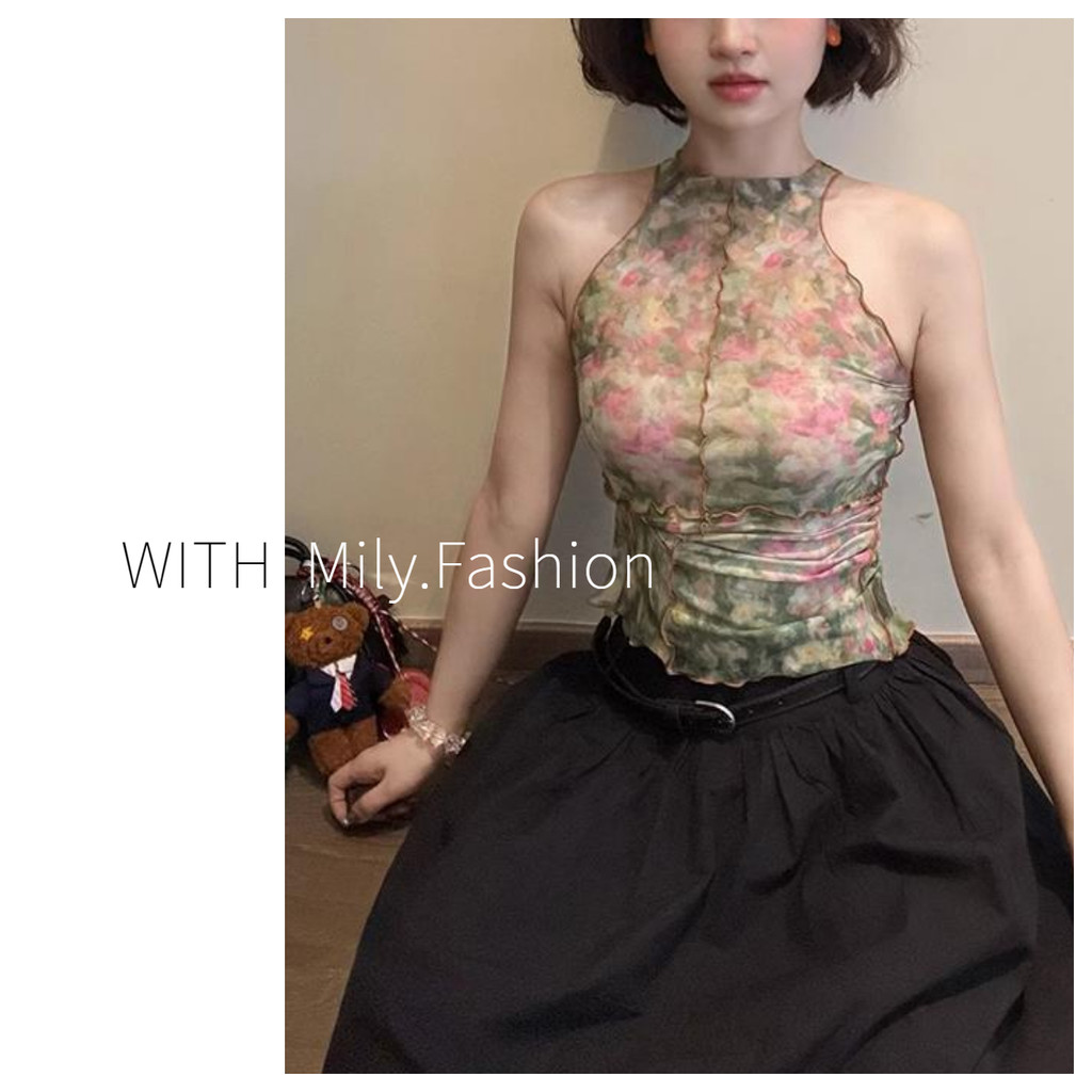 แฟชั่น Milyfashion เสื้อผ้าผู้หญิง เสื้อคอวีแขนสั้นลายดอกไม้ย้อนยุคหวานและเผ็ด