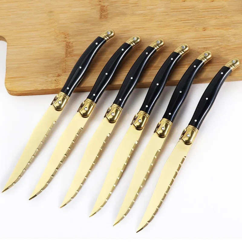 9inch Laguiole Steak Knives Set Titanium Gold Plating Sharp Knives Food Grade Dinnerware Sets Black 