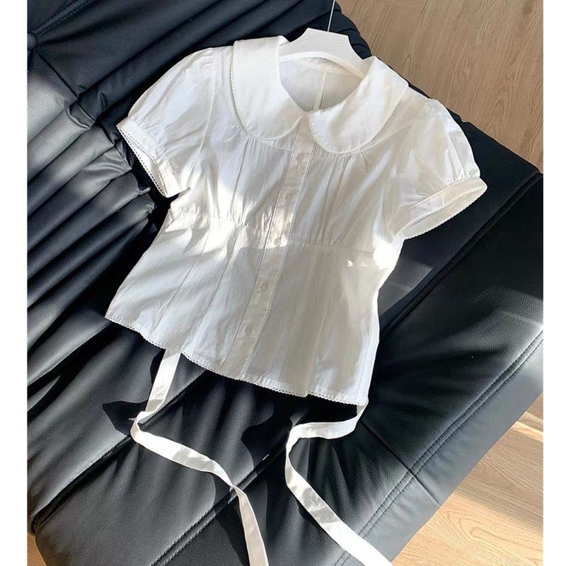 LINNA~TBเวอร์ชั่นเกาหลี สีทึบ ผูกขึ้น ประกบ แขนสั้น เสื้อเชิ้ต สไตล์ใหม่ สไตล์หวาน