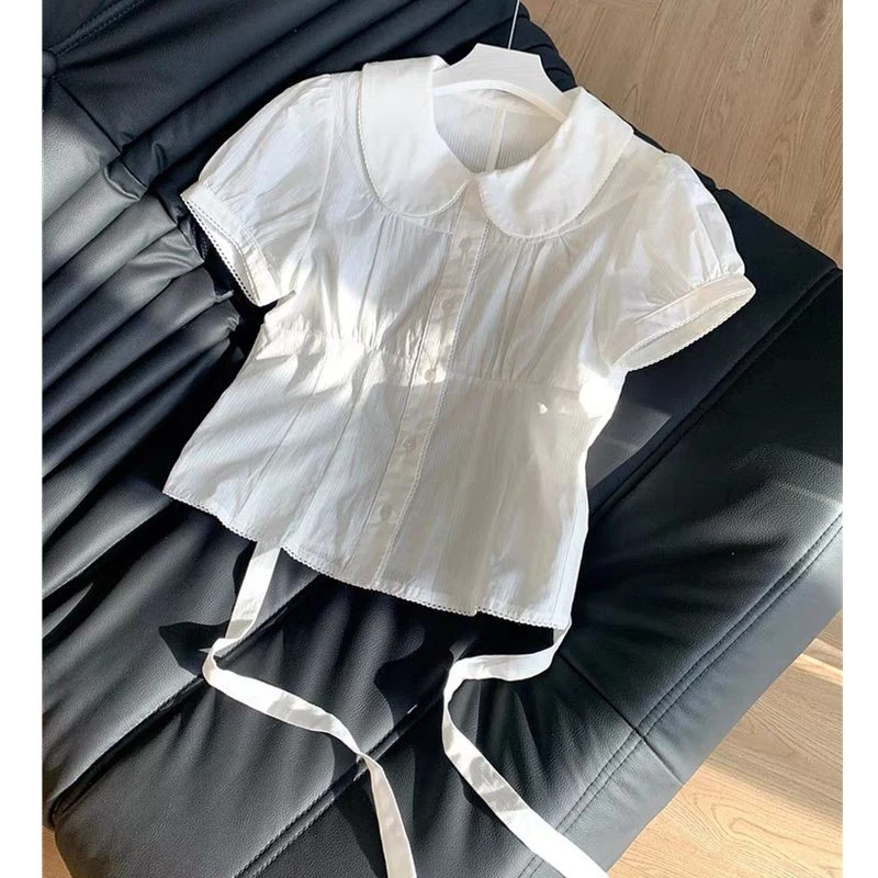 LINNA~TBเวอร์ชั่นเกาหลี สีทึบ ผูกขึ้น ประกบ แขนสั้น เสื้อเชิ้ต สไตล์ใหม่ สไตล์หวาน