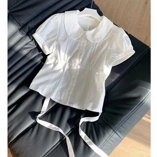 LINNA~TBเวอร์ชั่นเกาหลี สีทึบ ผูกขึ้น ประกบ แขนสั้น เสื้อเชิ้ต สไตล์ใหม่ สไตล์หวาน