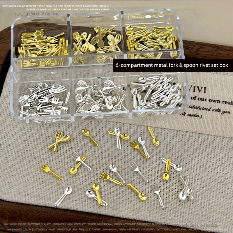 ชุดเครื่องประดับตกแต่งเล็บพร้อมช้อนส้อมโลหะขนาดเล็ก / DIY ตกแต่งเล็บด้วยช้อนส้อม / แพทช์เครื่องประดับ DIY