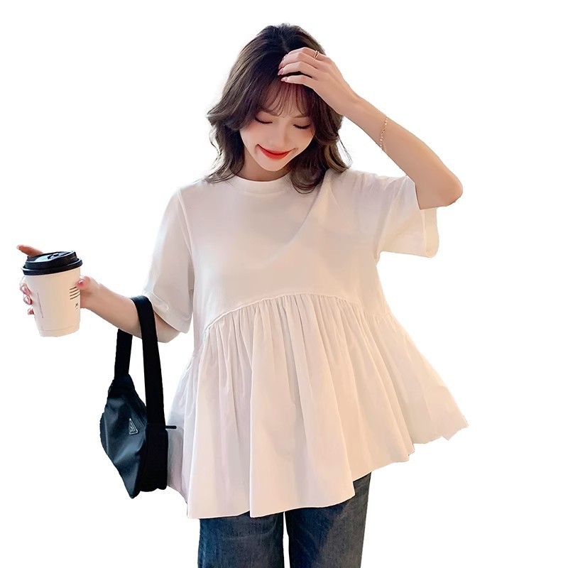 ชุดคลุมท้องเวอร์ชั่นเกาหลีฤดูร้อนขนาดใหญ่เย็บรอบคอแขนสั้นเสื้อยืดแฟชั่นที่เรียบง่ายสบายๆสบายทุกการแข่งขันสุภาพสตรีสีทึบด้านบ