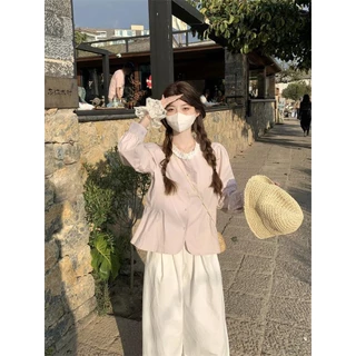 Chili Koko เสื้อลูกไม้คอกลมหลวมๆ แฟชั่นเกาหลี กันแดดคาดิเเกน เสื้อเชิ้ตแขนยาวระบายสีฟ้า เอวจีบ W615