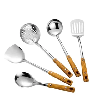 สแตนเลสทำอาหารหม้อ Shovel เครื่องครัวซุปช้อนไม้เลียนแบบ Handle Scoopช้อนตักทำอาหาร