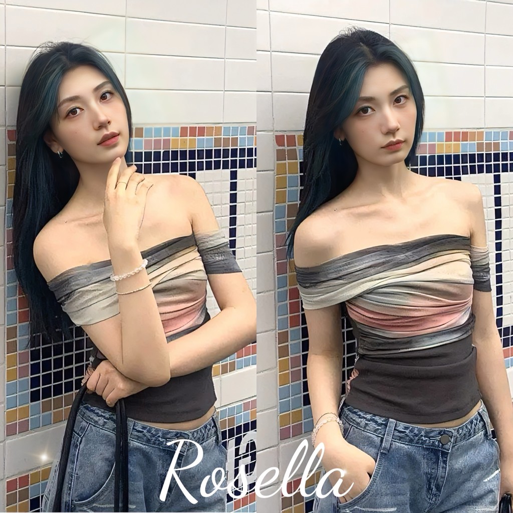 Rosella เสื้อยืดผู้หญิง ดีไซน์เปิดไหล่ เซ็กซี่และเร่าร้อน ลวดลายสีน้ำ จับคู่สี เข้ารูป สร้างสรรค์เป็นงานศิลปะ