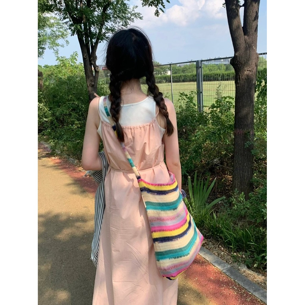 Niche Style Thin Rainbow Kniting Work Clothing Contrast Color Crossbody Bag