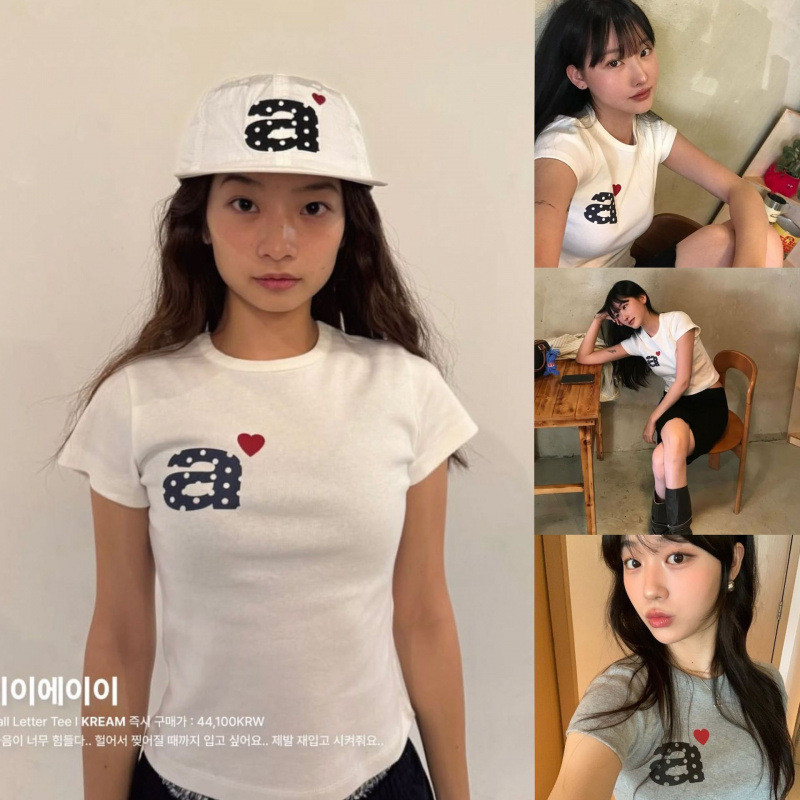เกาหลีเอ้ แขนสั้นสลิมฟิตสาวเผ็ดที่มีสัมผัสสะดือจดหมายพิมพ์ที่เรียบง่ายและหลากหลายสบายๆเสื้อยืดด้านบน