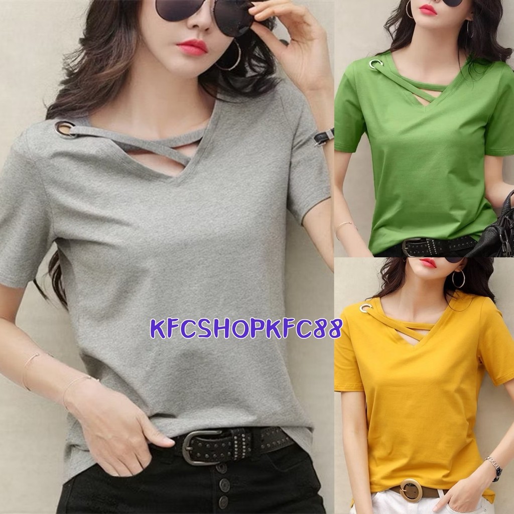 🌟KFC🌟เสื้อยืดคอวี ผ้านุ่ม มีไขว้ที่คอแต่งเก๋ๆ สไตล์เกาหลี #E01