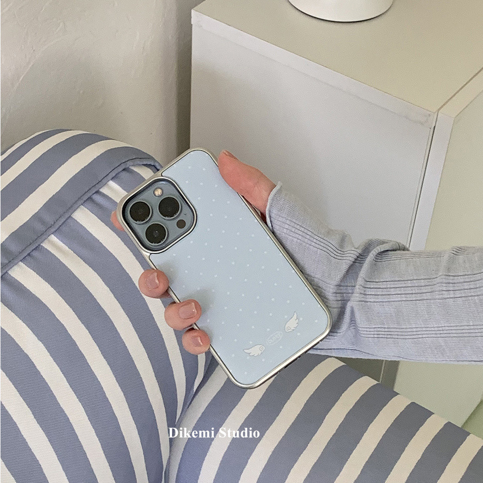 เกาหลี Ins Bloggers เดียวกัน Blue Dot Angel Wing Soft Edge Case สําหรับ Iphone16promax/15pro/16/12/13/14pro เคสโทรศัพท์