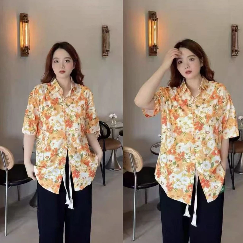 เสื้อฮาวายผู้หญิง ลายดอก สีส้ม ผ้าไหมอิตาลี