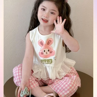 MooDeng Baby ชุดเสื้อ+กางเกง ลายกระต่ายฤดูร้อน ชุดเสื้อ+กางเกงเด็กผ้านิ่ม สวมใส่สบาย เสื้อกั๊ก เด็กหญิง