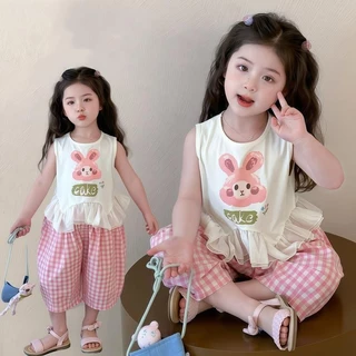 MooDeng Baby ชุดเสื้อ+กางเกง ลายกระต่ายฤดูร้อน ชุดเสื้อ+กางเกงเด็กผ้านิ่ม สวมใส่สบาย เสื้อกั๊ก เด็กหญิง