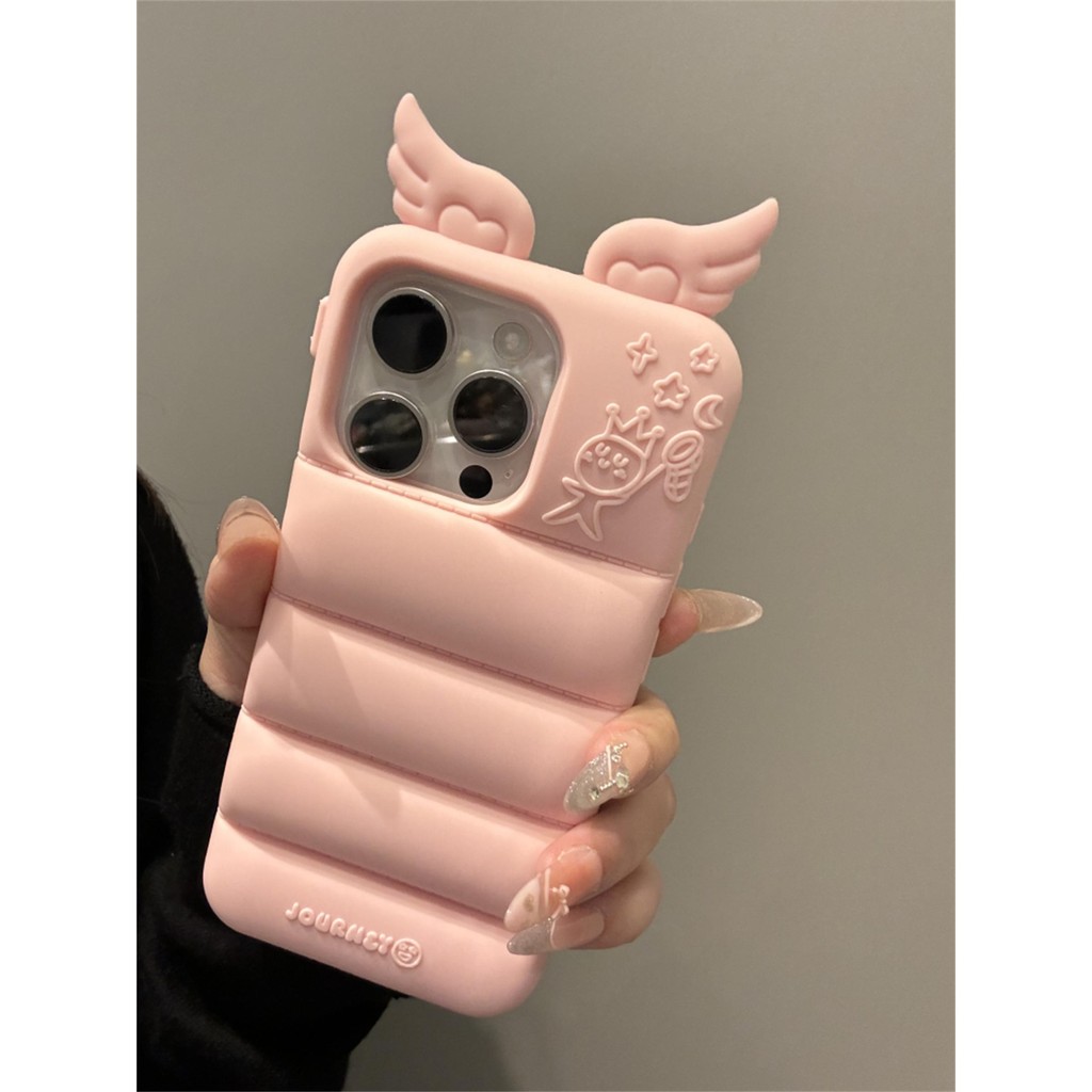 หวานเกาหลีน่ารัก3งปีกนางฟ้าสีทึบลายเคสโทรศัพท์สําหรับ ไอโฟน 16 15 14 13 มือโปร สูงสุด กันกระแทกปกหลัง