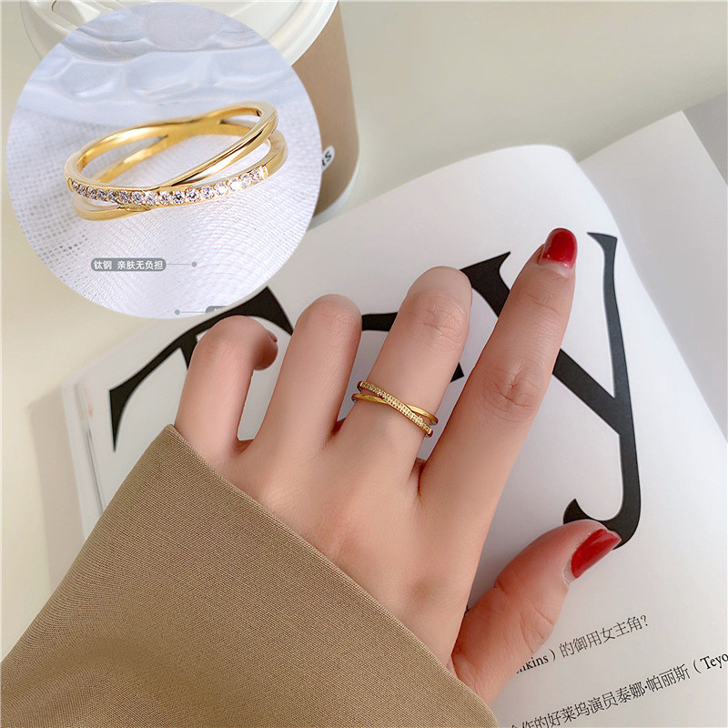 HT Titanium Steel Cross Design Micro-Inlaid Line Ring เครื่องประดับสแตนเลสระดับไฮเอนด์แฟชั่น