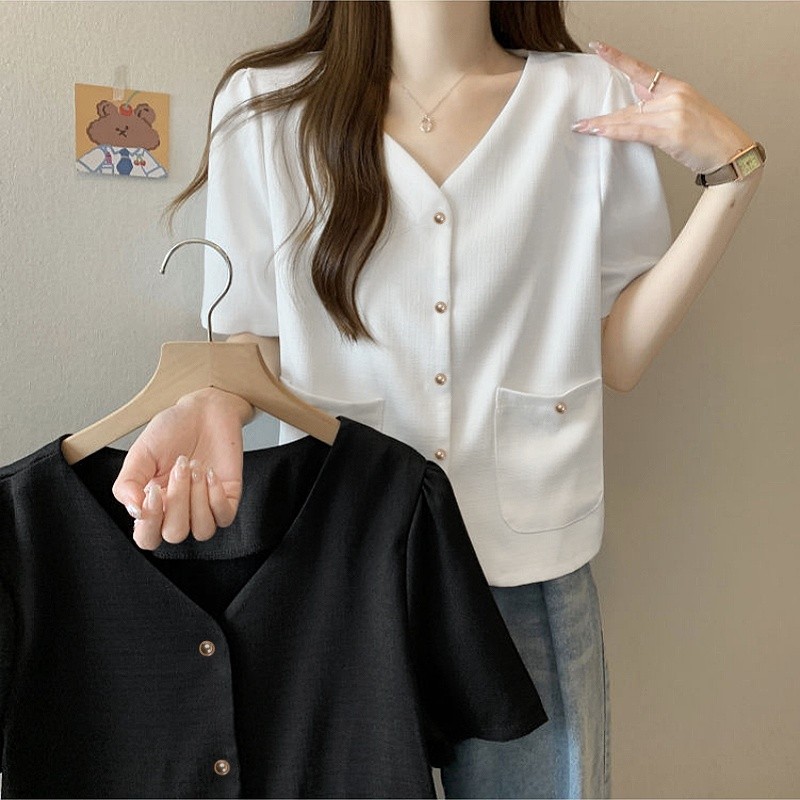 Kaekai พร้อมส่ง เสื้อคลุม แขนสั้น คอวี ทรงเรียบง่าย สไตล์ลำลอง มีกระเป๋าหน้าสองข้าง ดีไซน์กระดุม งานผ้าฝ้ายใส่สบาย