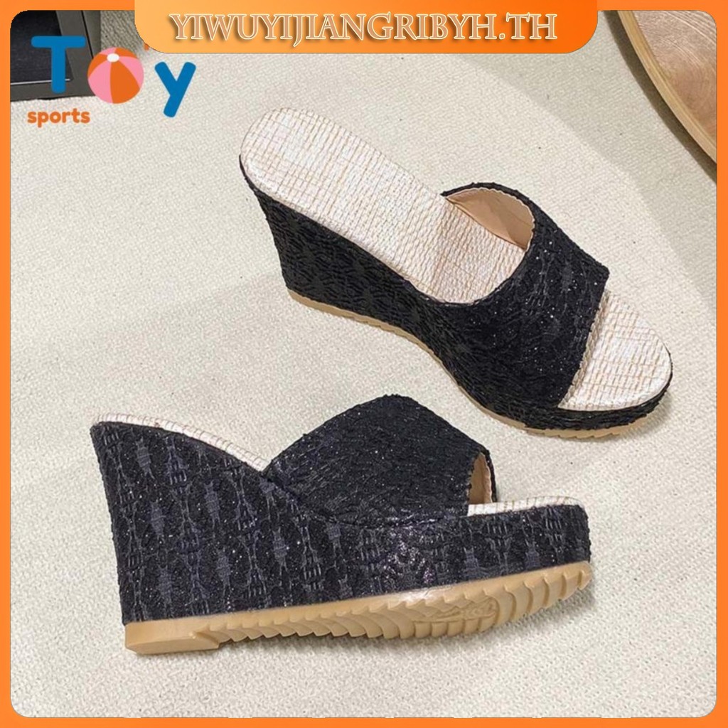 SPORTSHAVEN รองเท้าแตะส้นลาด, ส้นสูง 10 ซม. Hollow Covered-toe รองเท้าส้นสูงโรมัน, สไตล์วันหยุดโบฮีเมียนสีดํา Beige รองเท้าลําลองกันลื่นรองแตะคลุมนิ้ว Lady