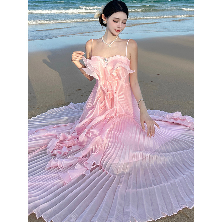 ชุดเดรสปาร์ตี้สีชมพูจีบฝรั่งเศส | 7177