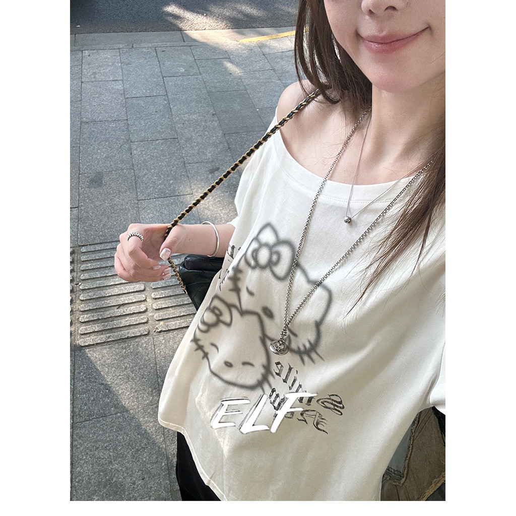 ไหล่เอียงด้านบนน่ารักคิตตี้แมวหัวพิมพ์แขนสั้นเสื้อยืดหลวม