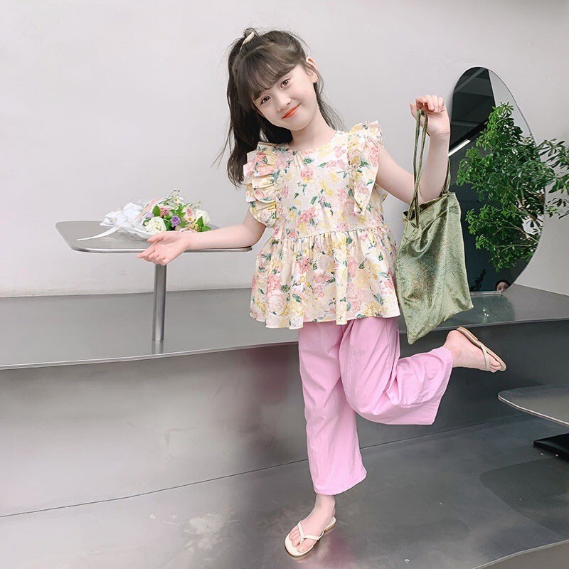 ชุดเซตเด็กผู้หญิง เสื้อพร้อมกาวเกง ชุดเด็กผู้หญิงน่ารัก สีสันสดใส เสื้อลายดอก กางเกงผ้าไหม เหมาะสำหรับฤดูร้อน ผ้าใส่สบาย - รูปที่ 7