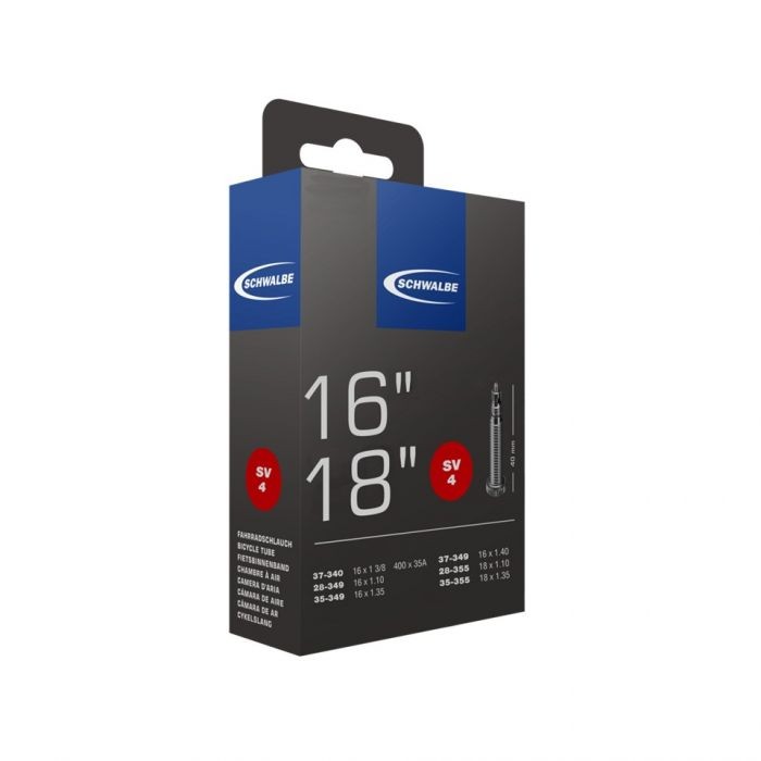 ยางในจักรยาน SCHWALBE ขนาด 16/18", แกนยาว 40MM, หัวเล็ก (SV4) หัวใหญ่ AV4