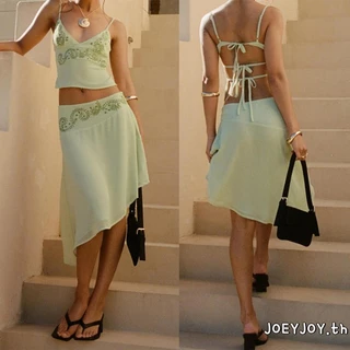 JOEYJOY-ชุด 2 ชิ้นผู้หญิงลายดอกไม้สปาเก็ตตี้คอวี Camis + กระโปรง Midi ไม่สมมาตร