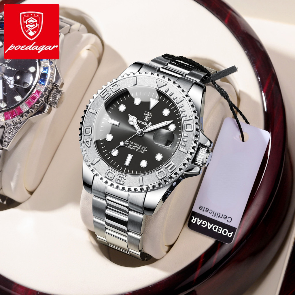 โพดาการ์ หรูหราผู้ชายนาฬิกาธุรกิจควอตซ์ ผู้ชาย นาฬิกากีฬากันน้ําส่องสว่างวันที่ส