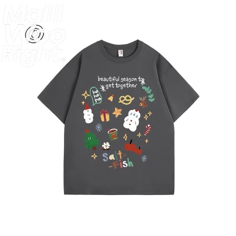 (จัดส่งตลอด 24 ชั่วโมง)Woo Right  เสื้อยืดคอกลมแขนสััน Unisex ธีมคริสต์มาส ลายซานต้าและสโนว์แมน 25