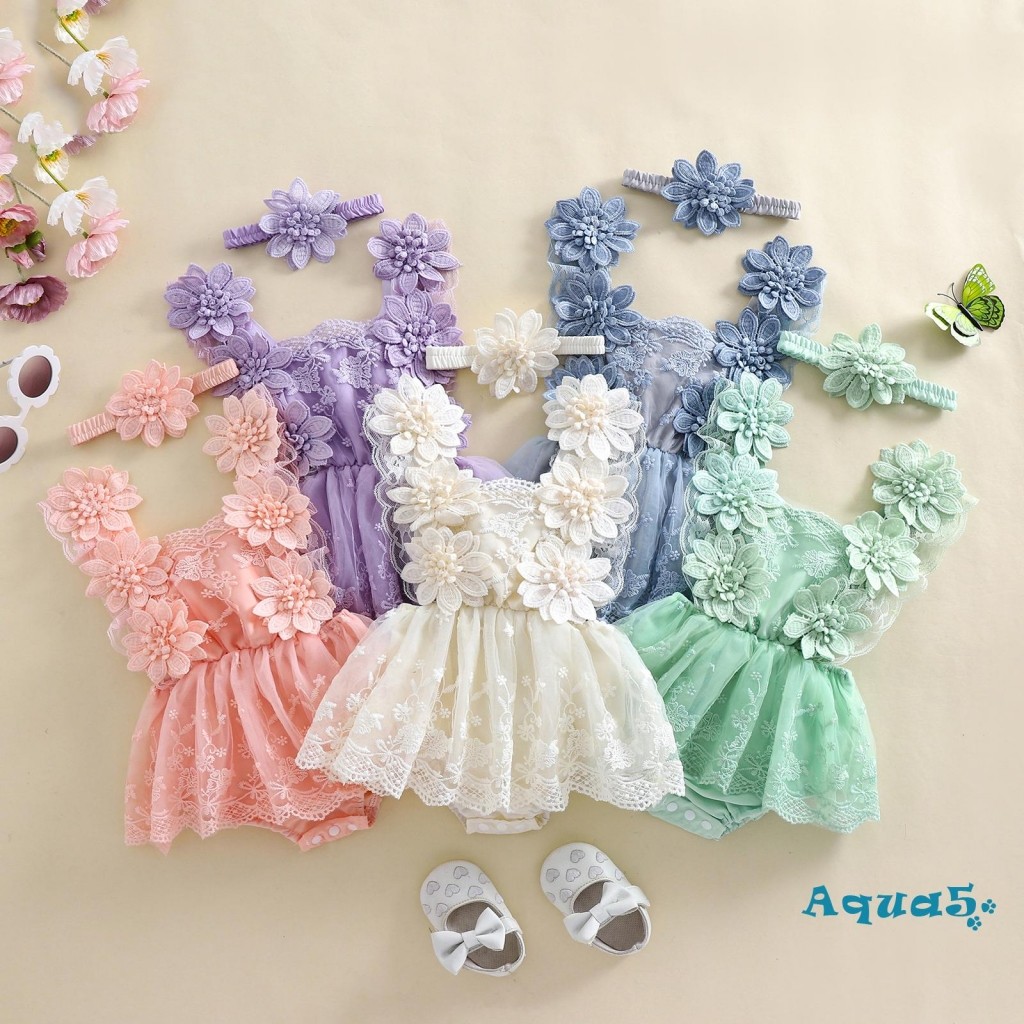 AQQ-เด็กสาวฤดูร้อนชุดดอกไม้เย็บปักถักร้อย Tie-Up ตาข่าย Romper ชุดโบว์แถบคาดศีรษะ 2 ชิ้นชุด
