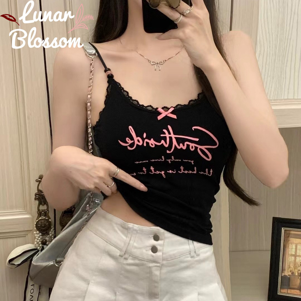 Lunar Blossom เสื้อสายเดี่ยวเซ็กซี่ ใส่สบาย เสื้อครอปสายเดี่ยวy2k ชุดเกาหลี เสื้อสายเดี่ยวสาวอวบ