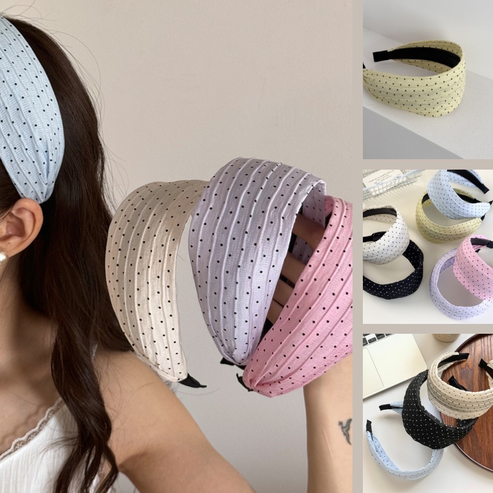 กว้างขอบสีลูกกวาดจีบลายจุดที่คาดผมเครื่องประดับผมสไตล์เกาหลี