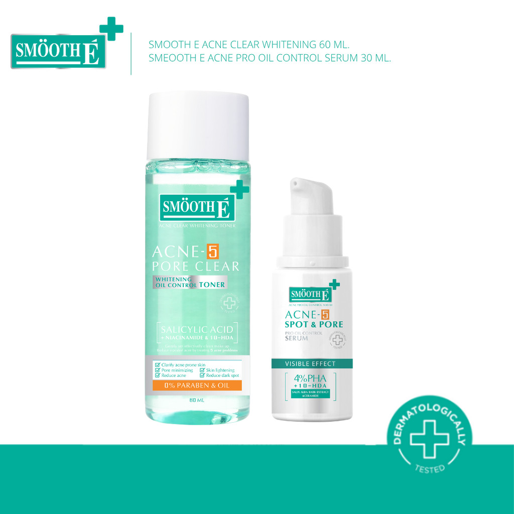 [เซ็ตสุดคุ้ม] Smooth E clear Whitening Toner & Acne Pro oil control serum เซ็ทสยบสิวซ้ำ ซ่อมผิวพัง ค