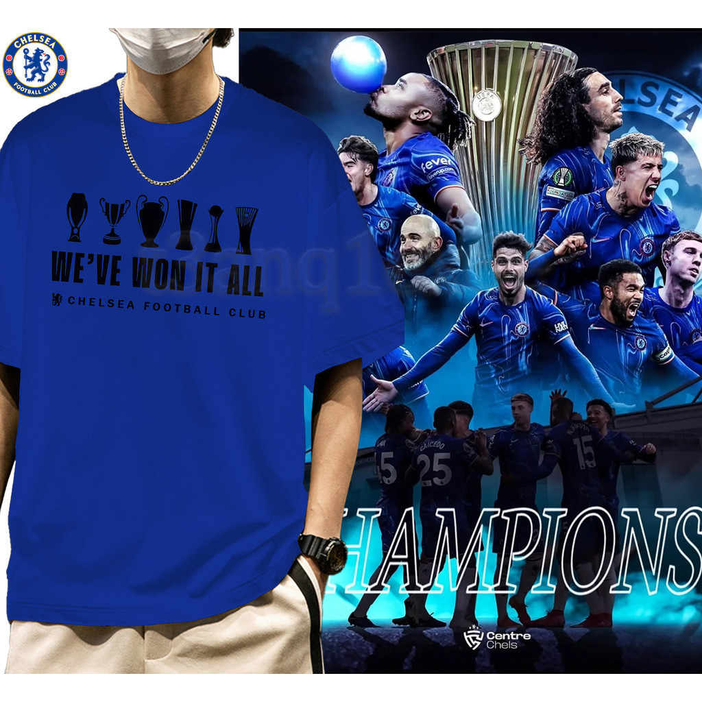 "Champion！"Europa League Chelsea 2025 แชมป์ลอนเสื้อยืด, ยุโรปแกรนด์สแลม, งพิมพ์สำหรับผู้ชายและผู้หญิ