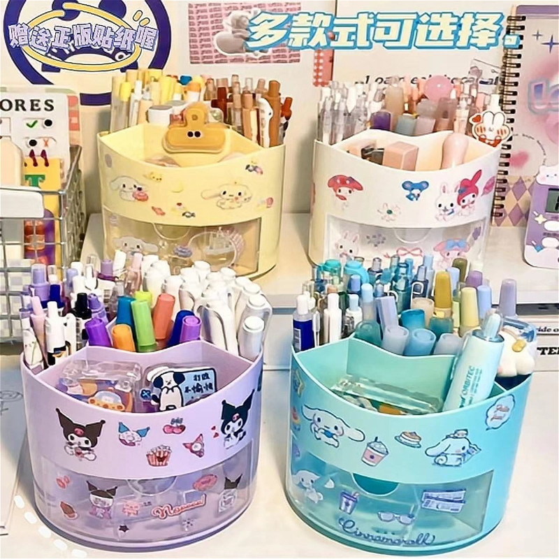 ที่วางปากกาหมุนได้ Cinnamoroll Hello Kitty สุดน่ารัก Melody Kuromi ที่วางปากกาแบบหลายชั้น อุปกรณ์แต่งหน้า กล่องเก็บเครื่องเขียนการ์ตูน