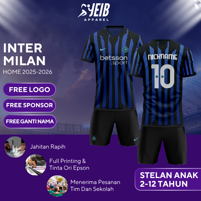 INTER MILAN HOME KIDS FOOTBALL JERSEY 2025-2026 SERIES พิมพ์เต็มฟรี CUSTOM NAME, โลโก้, SPONSOR