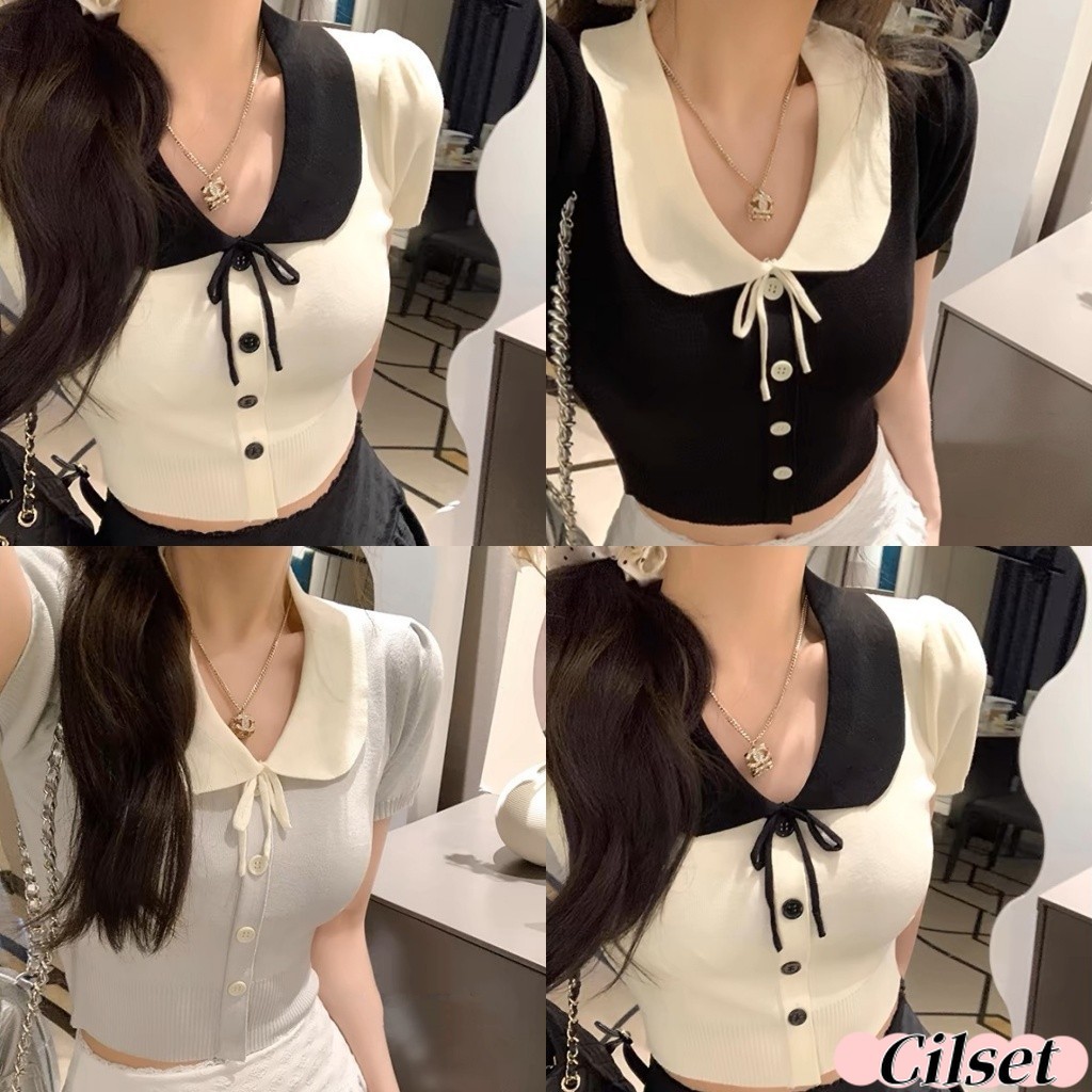 Cilset🛒พร้อมส่ง🎀ผ้าวูลเกาหลีคอปกทรงรัดตัวแขนสั้นผู้หญิง เสื้อแฟชั่น ผ้าถัก /83228