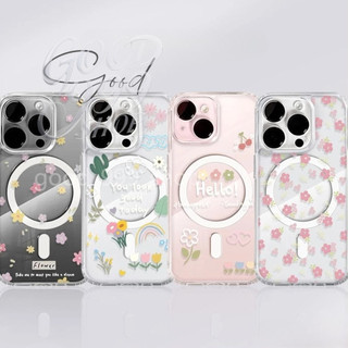 สำหรับ iPhone 17 PRO MAX เคส iPhone 11 เสริมสร้างแม่เหล็กอะคริลิคใสกระดานแข็ง TPU กรอบนุ่มกันกระแทก ดอกไม้ iP14 13 12 15