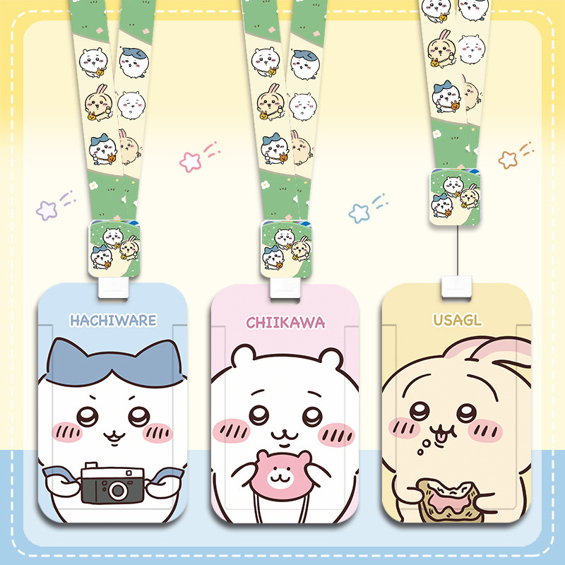 ที่ใส่บัตร Chiikawa Jiikawa สายรัดแบบยืดหดได้ ป้ายทำงาน ป้องกันบัตรประจำตัวนักเรียน สายคล้องคอสำหรับบัตรมหาวิทยาลัย