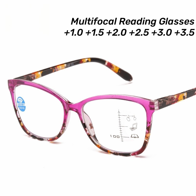 Progressive Multifocal สีสันดอกไม้ แว่นตาขนาดใหญ่ กรอบฤดูใบไม้ผลิ Anti Blue Light สำหรับสายตายาว