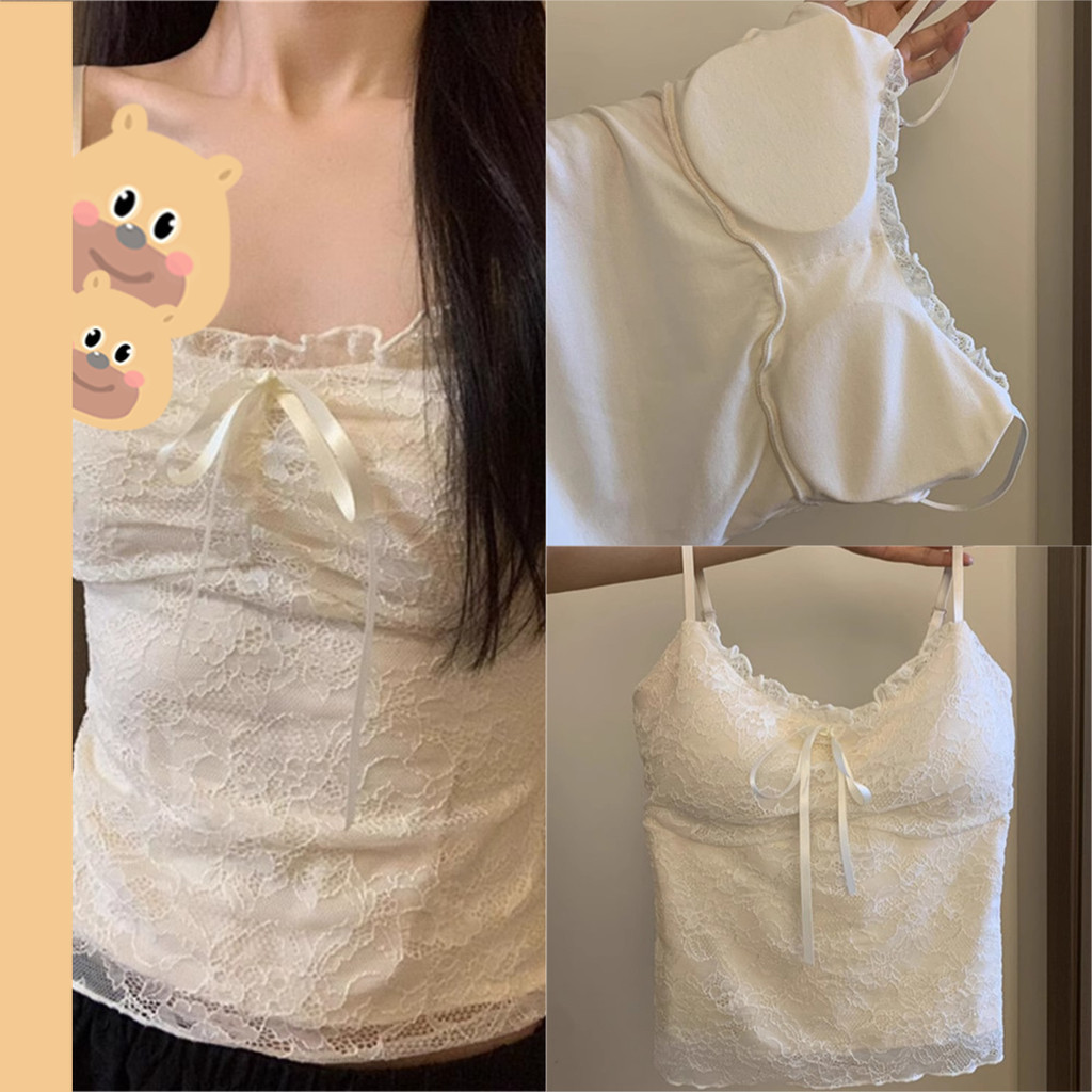 🎀bearbra🎀เสื้อสายเดี่ยว ครอป ดีเทลโบว์ผูกรอบขอบ สไตล์เวียดนาม เกาหลี แต่งตัวแมชชิ่งง่ายย น่ารักก เซ็กซี่ พร้อมส่ง
