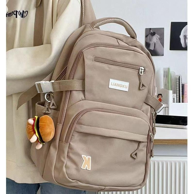 เกาหลีใต้ กระเป๋าเป้ เรียบง่าย สีทึบ ความจุสูง กันน้ำ ไนลอน กระเป๋าเป้ผู้หญิง