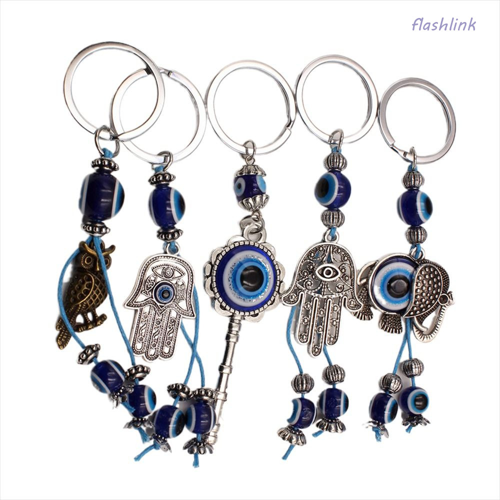 FLASHLI Lucky Eye พวงกุญแจ, สีฟ้า Hasma มือ Evil Eye พวงกุญแจ, แฟชั่นนกฮูกคีย์ช้างตุรกี Fatima มือจี้เครื่องประดับของขวัญ
