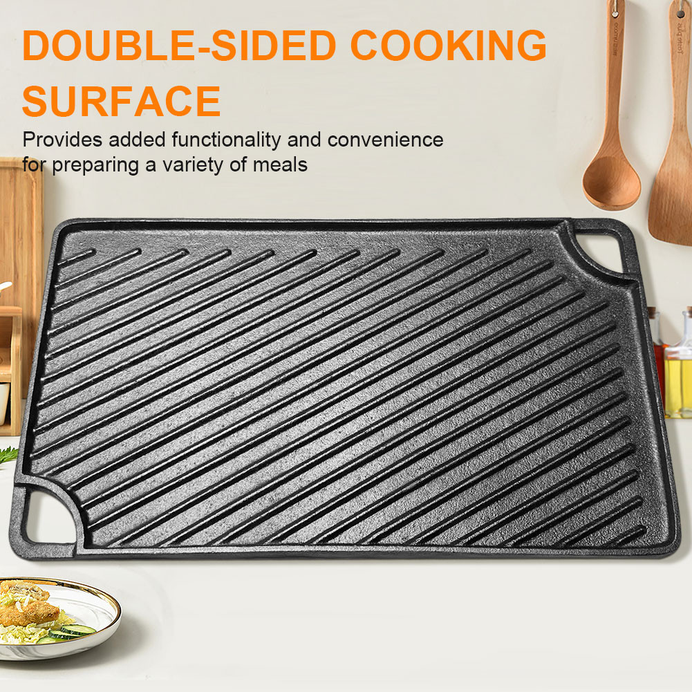 16.5X9.5 นิ้วเหล็กหล่อแผ่นเหล็กย้อนกลับแผ่นย่าง Griddle Pan Skillet สําหรับแก๊สเตาตั้งพื้นเตาอบหรือเ