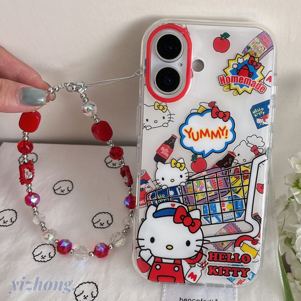 เคสโทรศัพท์สําหรับiPhone 16 Pro Max 15 14 13PสีสันHello Kittyช้อปปิ้งรูปแบบIMD Soft TPU Anti-Scratchฝาครอบป้องกันFall-proof Shellพร้อมAnti-Lostลูกปัดโซ่