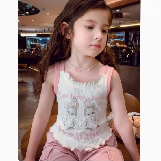 ฤดูร้อน เสื้อกั๊กเด็กผู้หญิงน่ารักใหม่ เสื้อสายเดี่ยวพิมพ์การ์ตูน เสื้อชั้นในแขนกุดสำหรับเด็กผู้หญิง