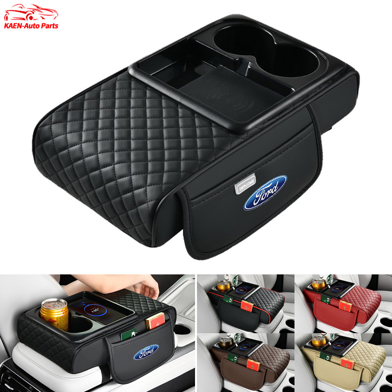 หกในหนึ่ง คอนโซลกลางเบาะที่เท้าแขน สำหรับ Ford ที่เก็บของข้างยนต์ด้วยการชาร์จแบบไร้สาย ที่เท้าแขนรถกล่องเก็บคอนโซลกลางรถ Ford Ranger Raptor Everest Focus MK2 MK3 Mustang Escape Fiesta Ecosport