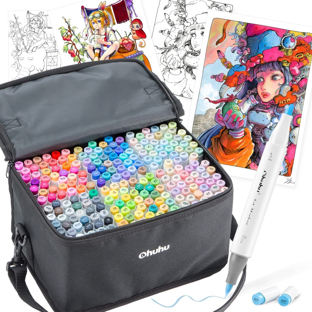 Ohuhu 216-Color Brush Marker Set with Blender Pen - Professional Pastel Illustration Markers