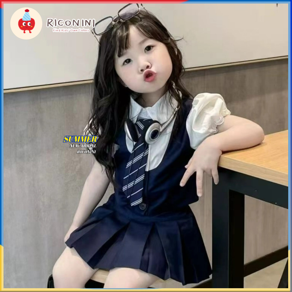 Girls Academy Style Set Girls JK Uniform สองชิ้นชุดแฟชั่นเด็กกระโปรงจีบกางเกงฤดูร้อนเด็ก Navy blue เดรสจีบชุด