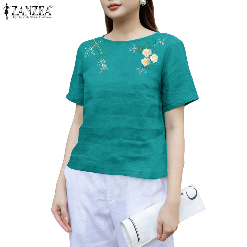 ZANZEA เสื้อเบลาส์แขนสั้นคอลูกเรือลําลองสไตล์เรโทรเกาหลีสําหรับผู้หญิง